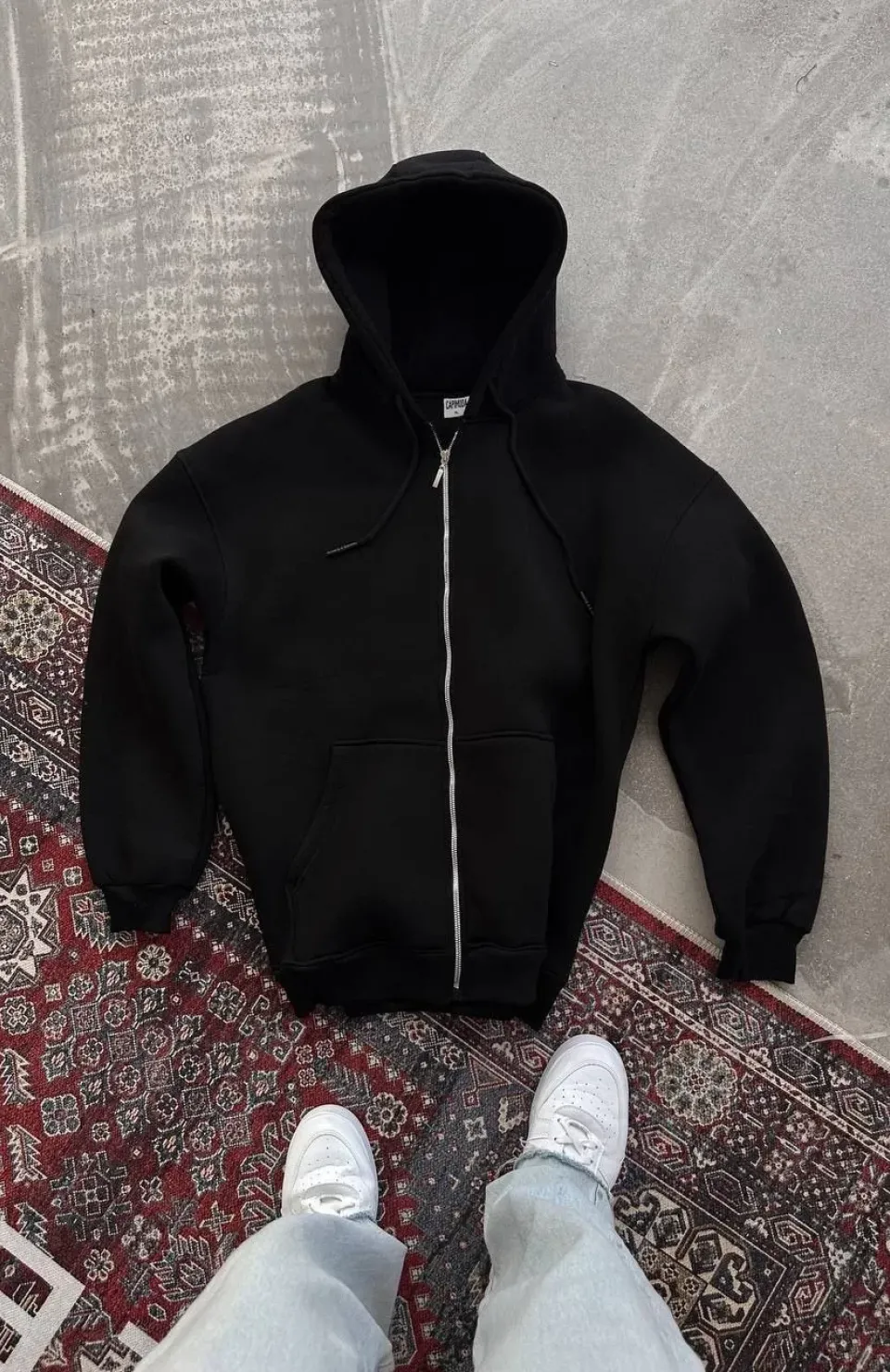 Oversize Tam Fermuarlı Uzun Kol Hırka - Siyah