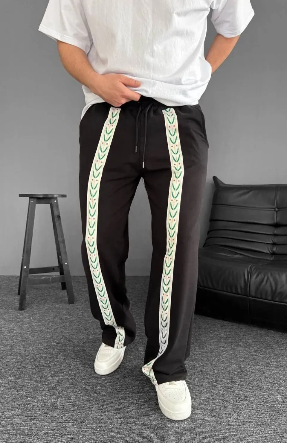 İki İplik Kumaş Şeritli Alt Esofman - Siyah