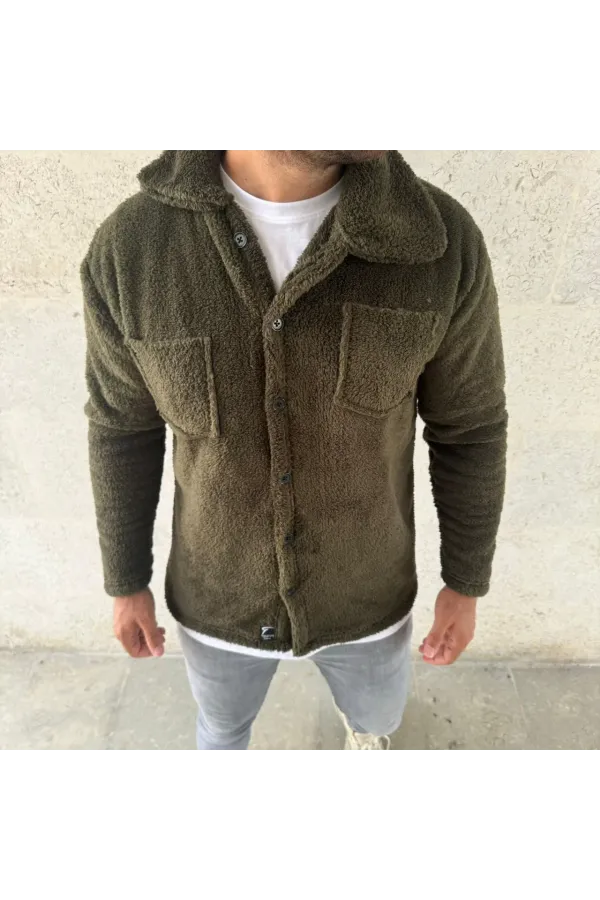 Erkek Pelüş Polar Hırka Gömlek – Yakalı, İlik Düğmeli, Göğüs Cepli, Yumuşak Dokulu Kışlık Regular Fit Rahat Günlük Model - Haki