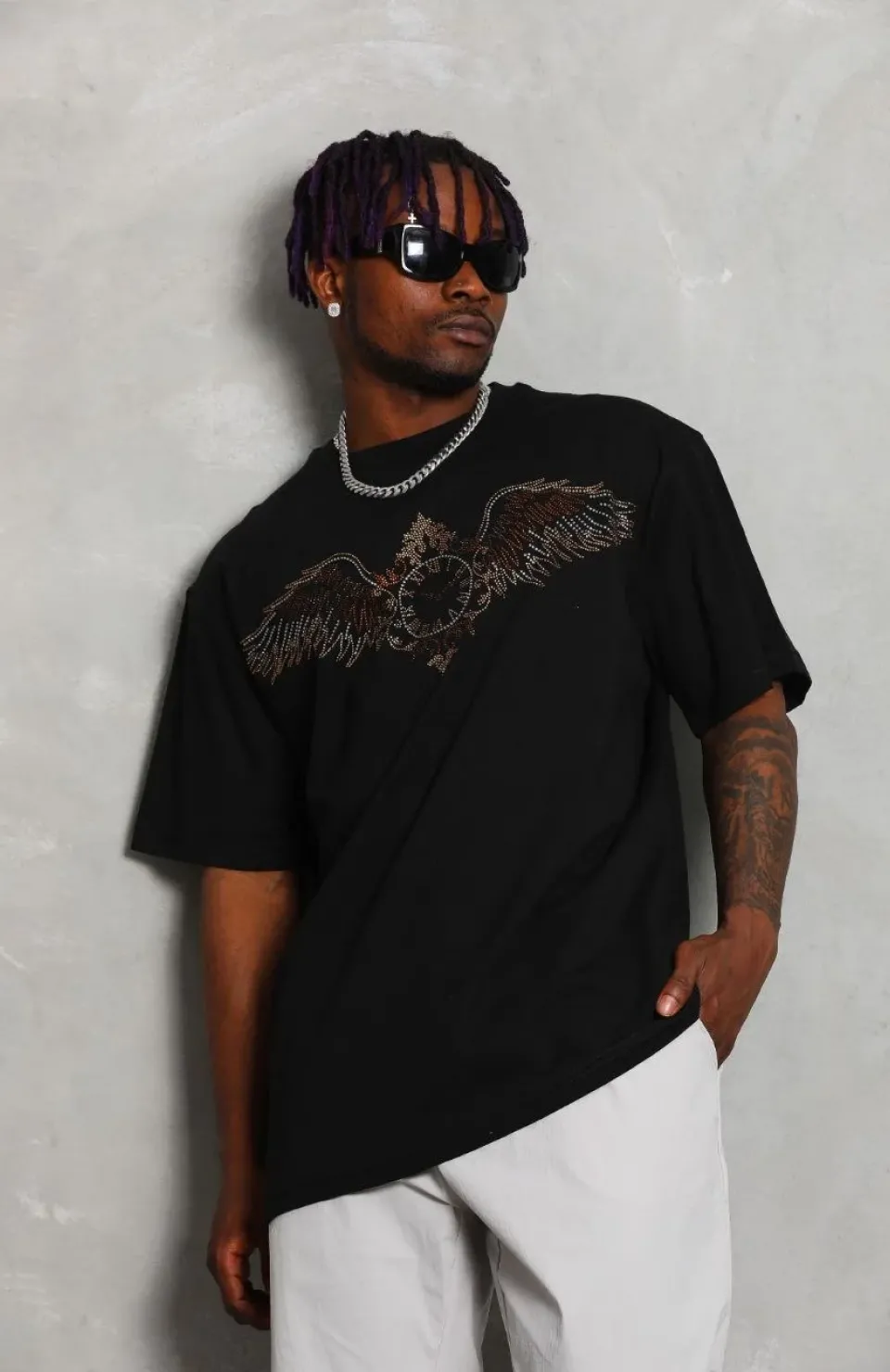 Unisex Oversize Taşlı Bisiklet Yaka T-Shirt - Siyah