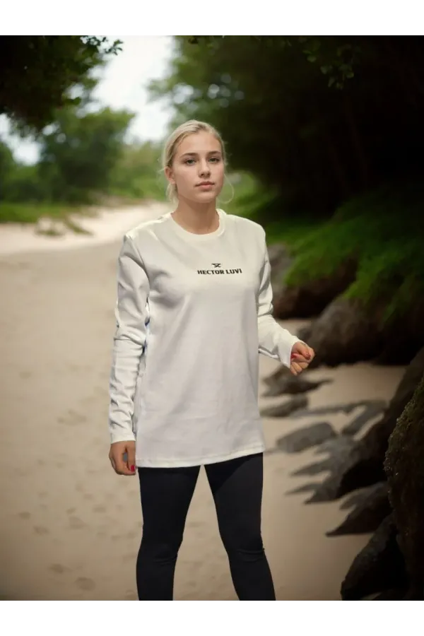 Unisex Bisiklet Yaka Uzun Kollu T-Shirt - Beyaz