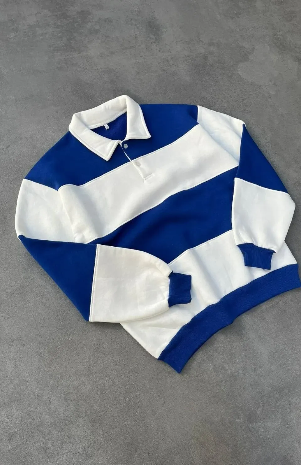 Unisex Üç İplik Parçalı Yakalı SweatShirt - Mavi