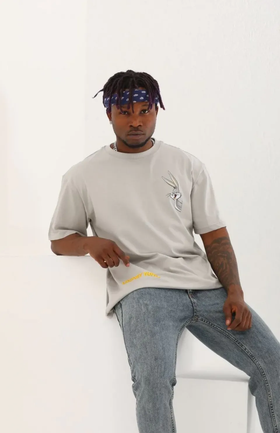 Unisex Oversize Baskılı Bisiklet Yaka T-Shirt - Gri