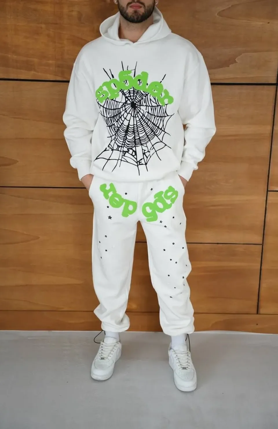Erkek Kapüşonlu Eşofman Takım Örümcek Ağı ve Neon Yeşil Baskılı Kanguru cepli Oversize Rahat Kalıp, Premium Üç İplik Kumaş - Beyaz