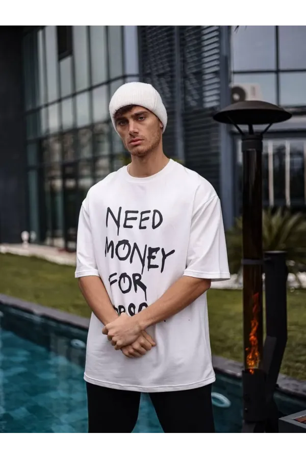 Unisex Bisiklet Yaka Baskılı Oversize T-Shirt - Beyaz