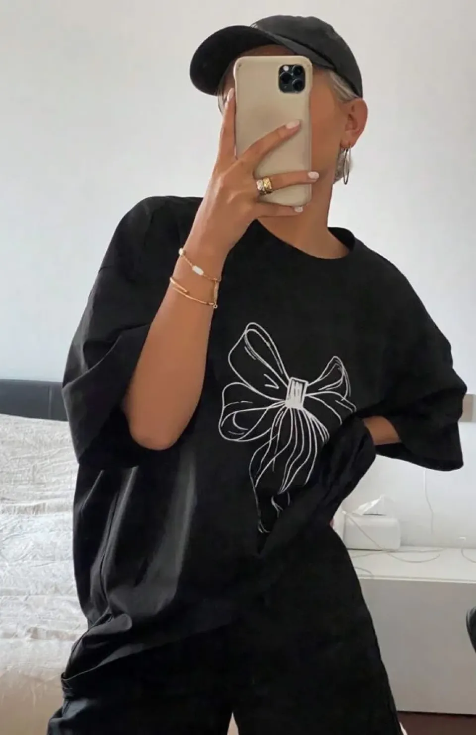 Kadın Baskılı Oversize T-shirt - Siyah