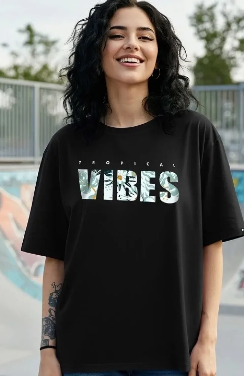 Kadın Baskılı Oversize T-shirt - Siyah