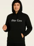 Erkek Kapşonlu Sweatshirt – Oversize Üç İplik Şardonlu Hoodie, “Other Lives” Ön & Arka Baskılı, Kanguru Cepli, Kışlık Rahat Günlük Stil - Siyah