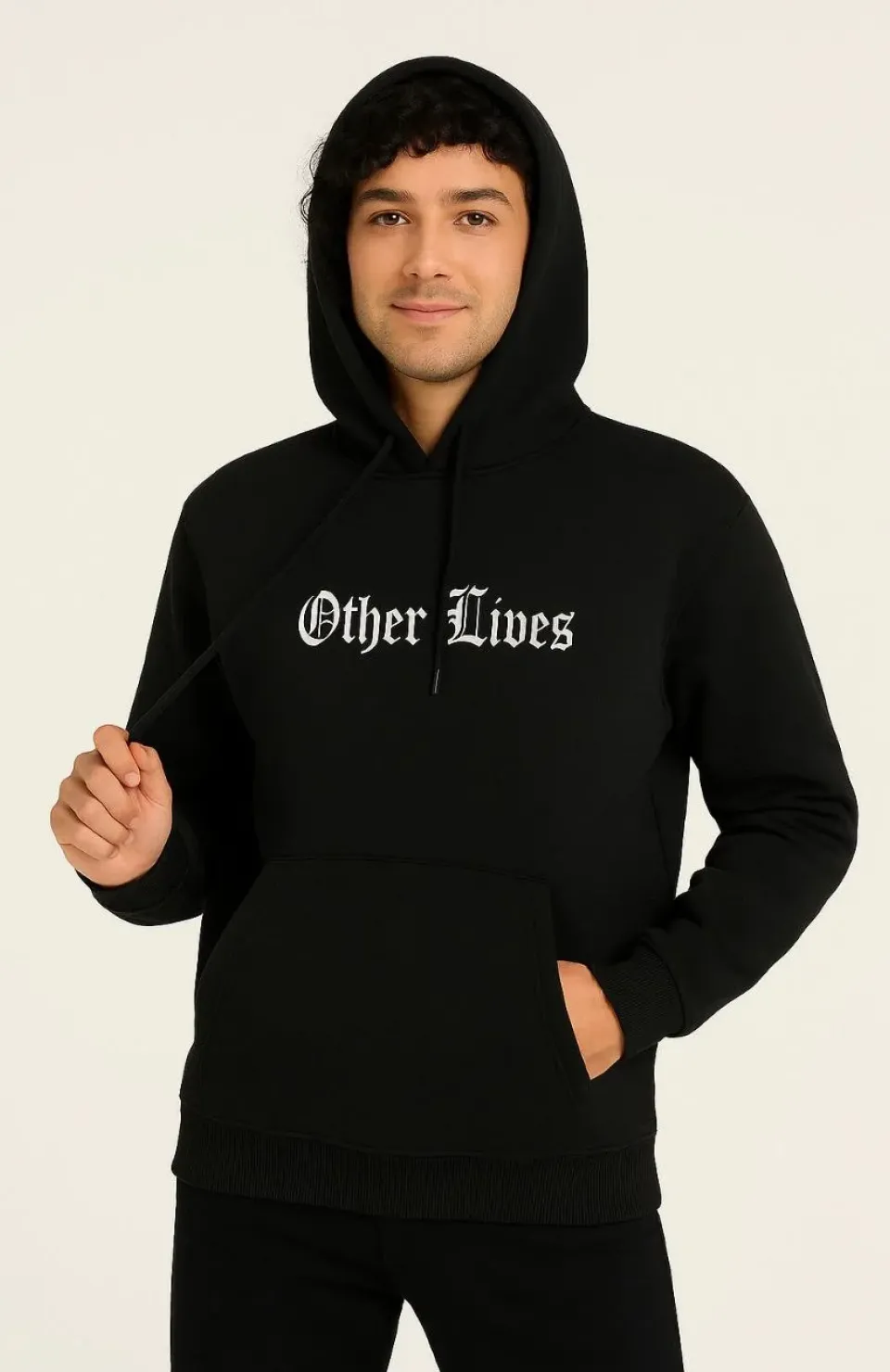 Erkek Kapşonlu Sweatshirt – Oversize Üç İplik Şardonlu Hoodie, “Other Lives” Ön & Arka Baskılı, Kanguru Cepli, Kışlık Rahat Günlük Stil - Siyah