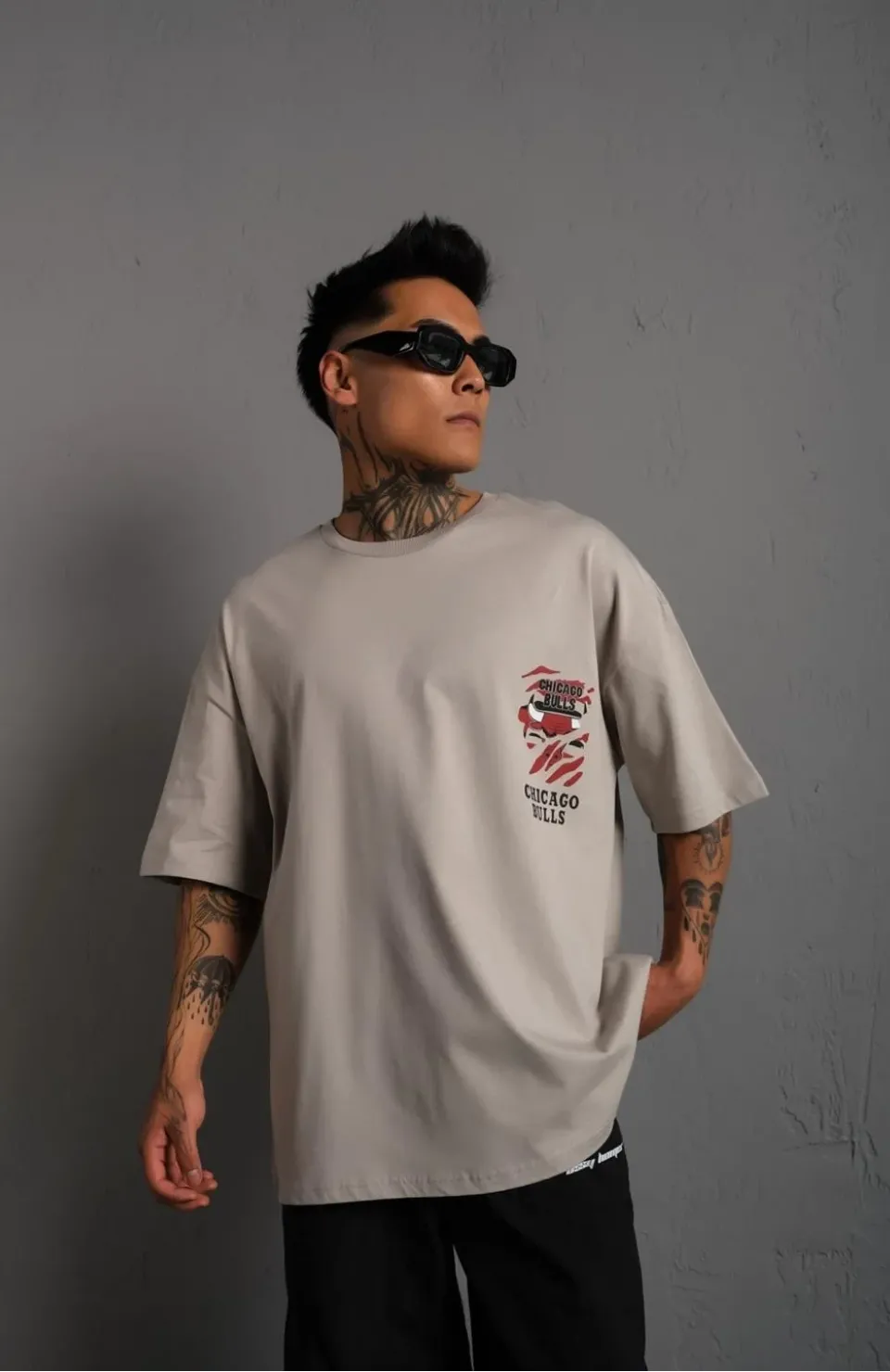 Erkek Sırt Baskılı A Kalite Oversize T-shirt - Gri