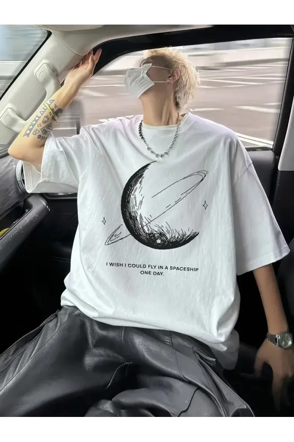 Erkekler için Siyah Tişört Grafik Genç Emo Vintage Gotik Rahat Büyük Beden Kısa Kollu Tişört Giysi Üst - Beyaz