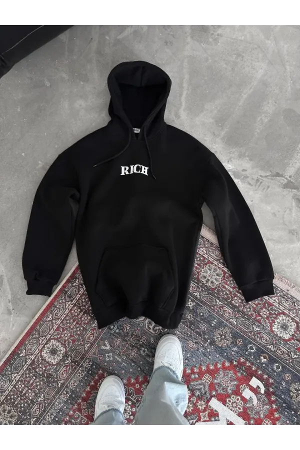 Uzun Kol Kapüşonlu Göğüs Baskılı SweatShirt - Siyah