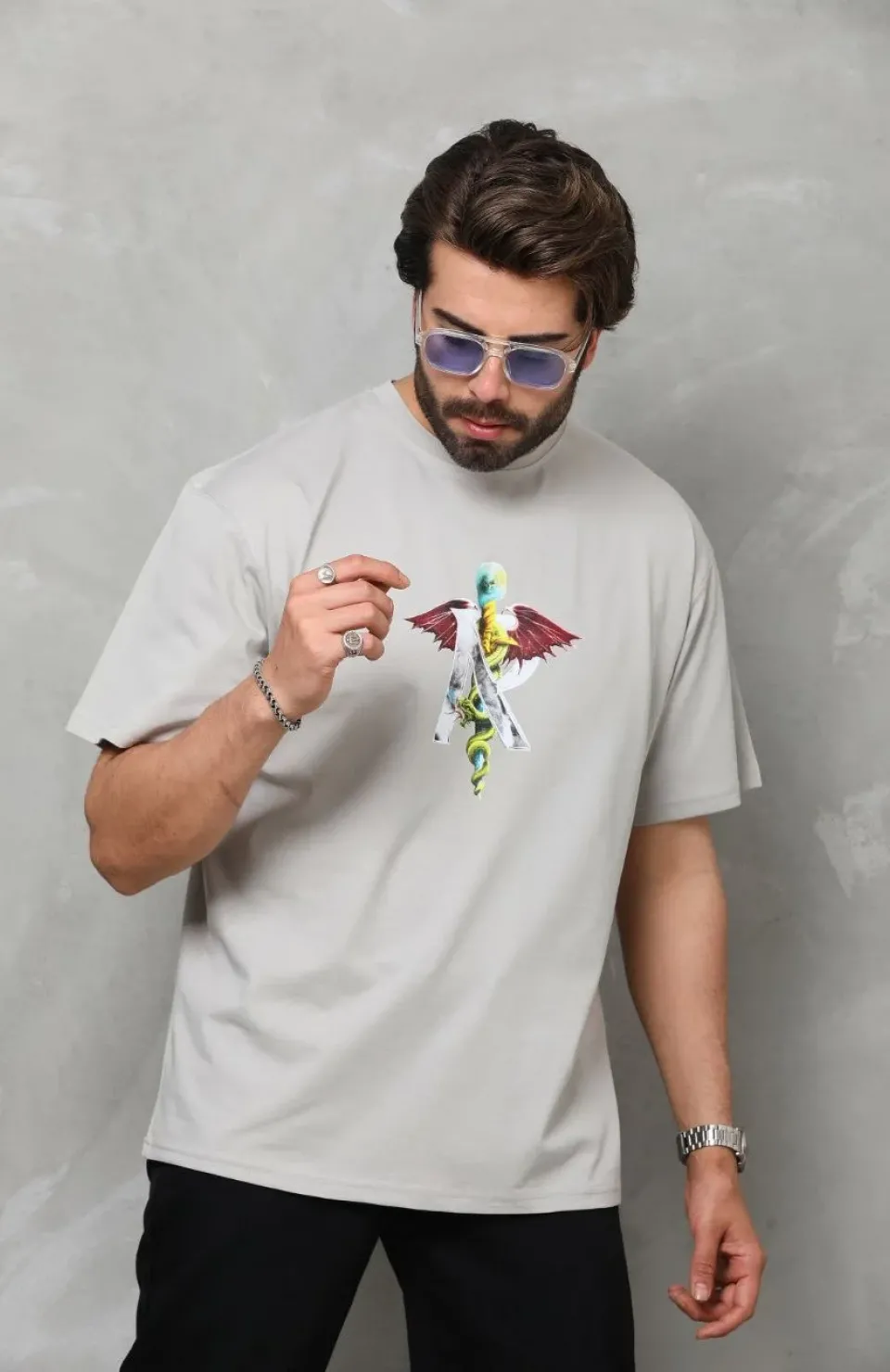 Unisex Bisiklet Yaka Baskılı Oversize T-Shirt - Gri