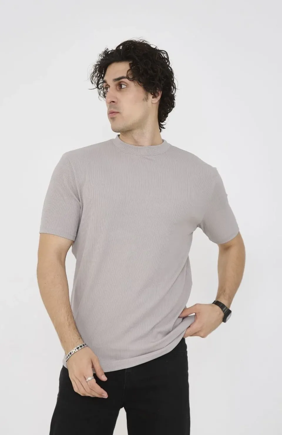 Unisex Bisiklet Yaka Slim fit T-Shirt- Taş