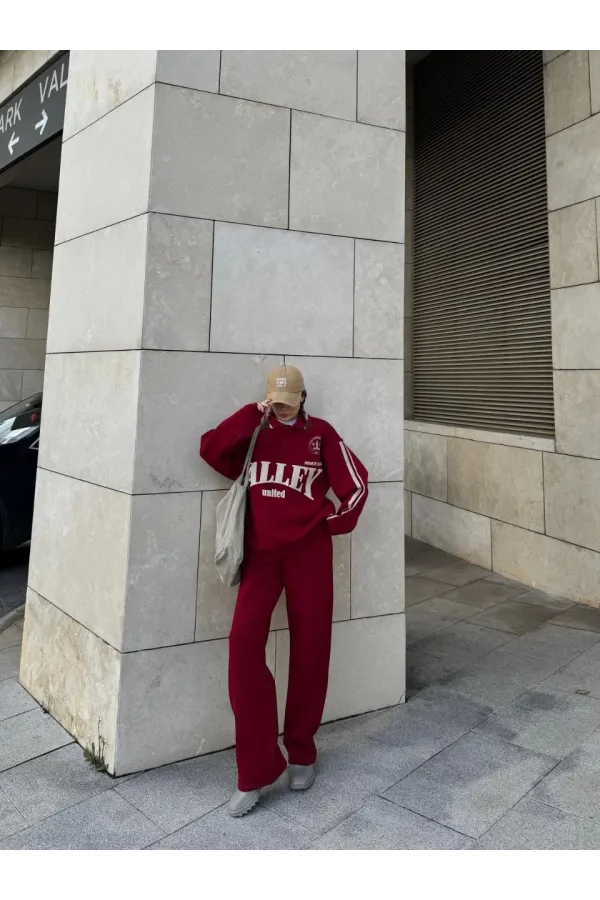 Üç İplik Yakalı Sweat Baggy Pantalonlu Takım - Bordo