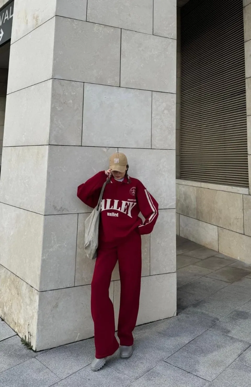 Üç İplik Yakalı Sweat Baggy Pantalonlu Takım - Bordo