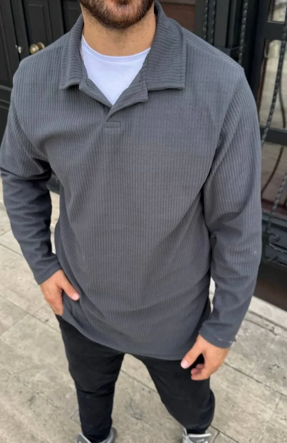 Erkek Fitilli Polar Sweatshirt – Düğmesiz Polo Yaka, Oversize Rahat Kalıp, Kalın Polar Kumaş, Kışlık ve Baharlık Şık Günlük Üst - Füme Somersan Giyim | Kadın, Erkek ve Çocuk Moda