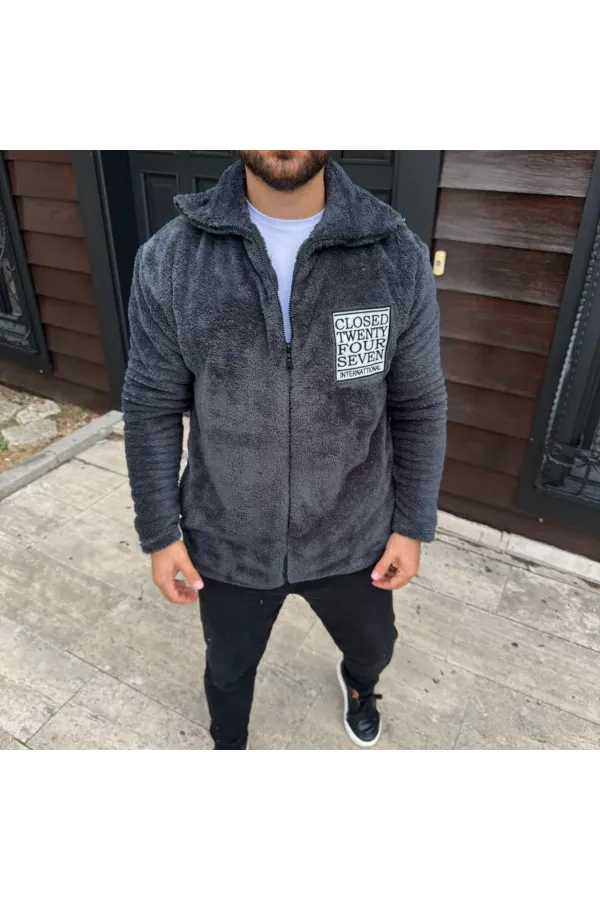 Erkek Polar Fermuarlı Sweatshirt – Kapüşonsuz, Cepli, Yumuşak Dokulu, Oversize Rahat Kalıp, Kışlık Sıcak Tutan Fermuarlı Üst - Füme