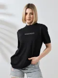 Unisex Bisiklet Yaka Baskılı Slim Fit T-Shirt - Siyah