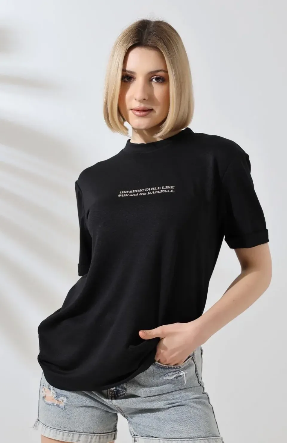 Unisex Bisiklet Yaka Baskılı Slim Fit T-Shirt - Siyah