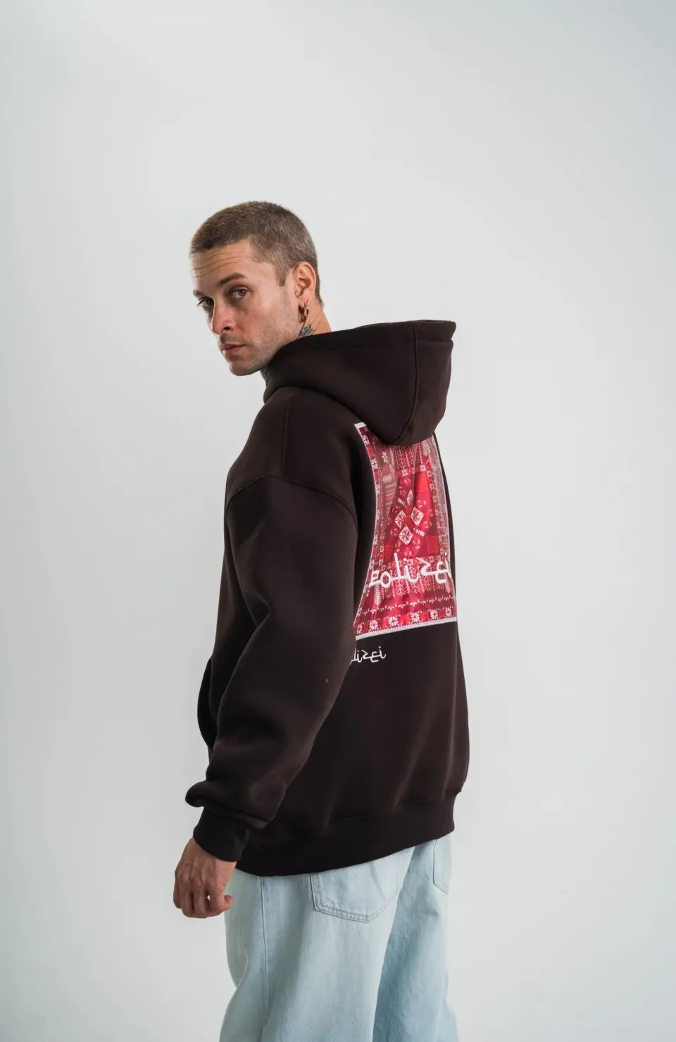 Double Oversize Kapşonlu Dijital Patchli SweatShirt - Kahve