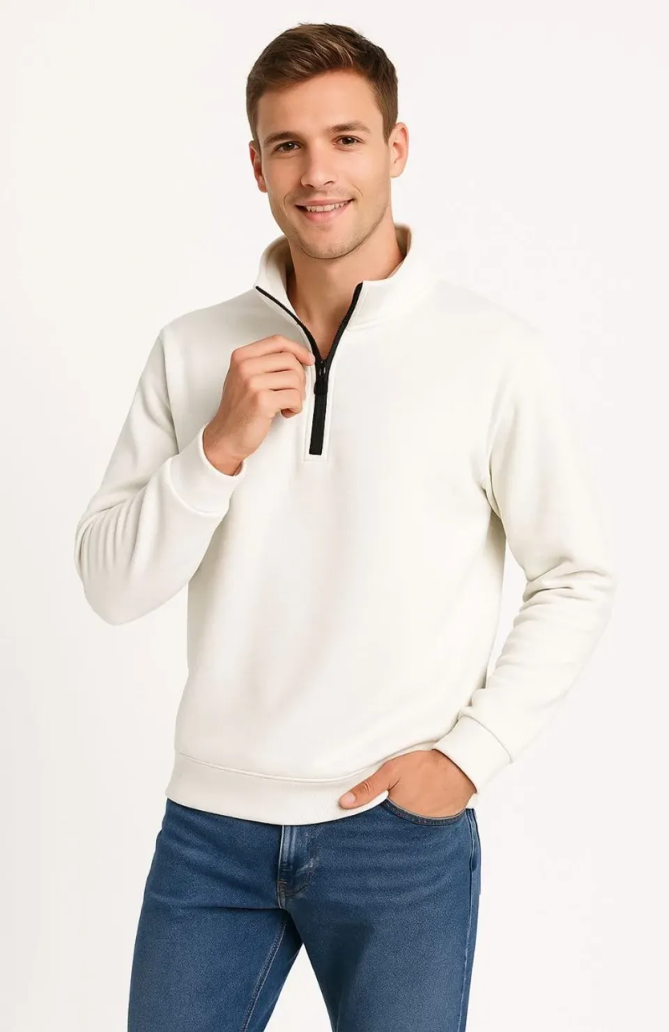 Erkek Dik Yaka Sweatshirt Dik Yaka Yarım Fermuarlı 3 İplik Şardonlu Pamuk Kumaş - Beyaz