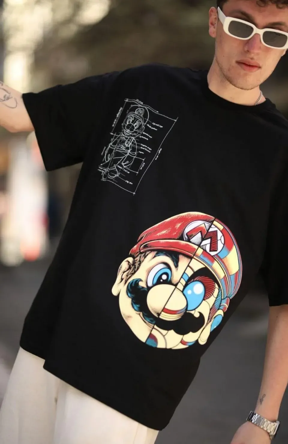 Erkek Mario Baskılı Oversize T-Shirt - Siyah