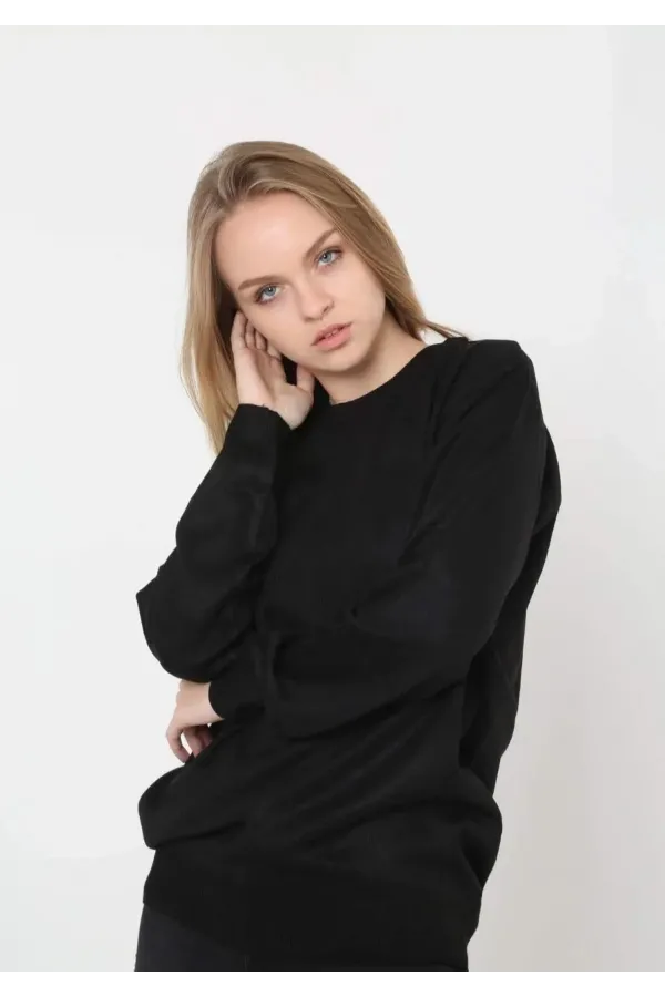 Unisex Uzun Kol Biskilet Yaka Dokuma Triko - Siyah