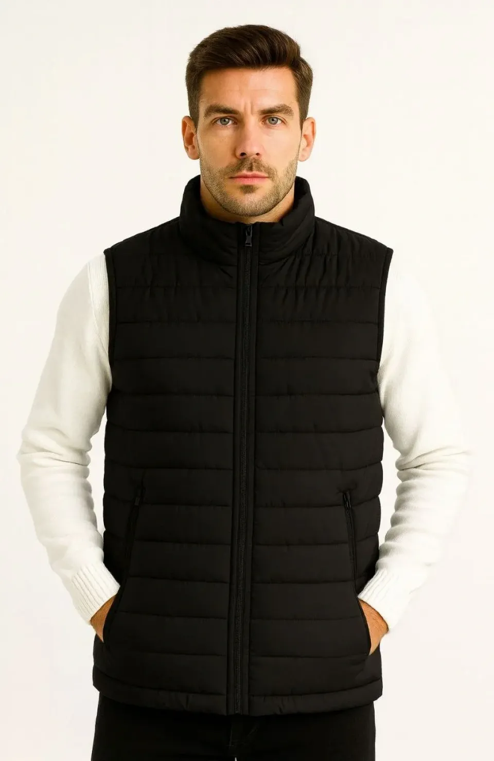 Erkek Şişme Fermuarlı Yelek Su itici Kapitone Astarlı Kumaş Cepli Hafif Kışlık Spor Rahat Kalıp - Siyah Somersan Giyim | Kadın, Erkek ve Çocuk Moda