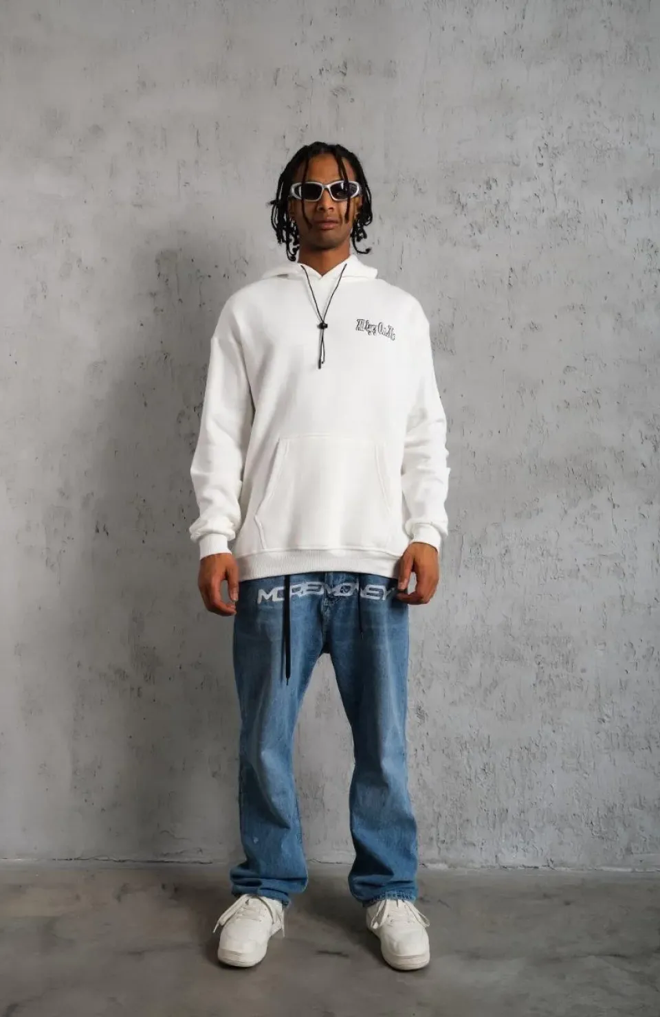 Erkek Kol ve Etek Ribana Baskılı Kapüşonlu Sweat - Beyaz
