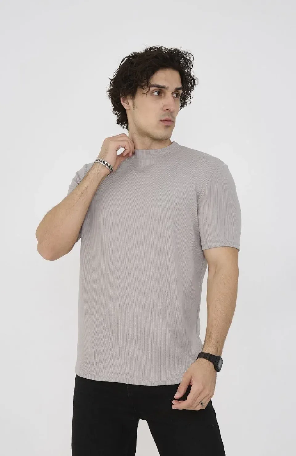 Unisex Bisiklet Yaka Slim fit T-Shirt- Taş