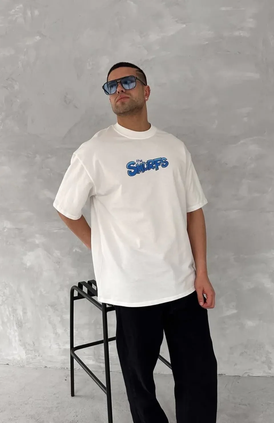 Ön ve Arka Baskılı Oversize Bisiklet Yaka T-shirt- Beyaz