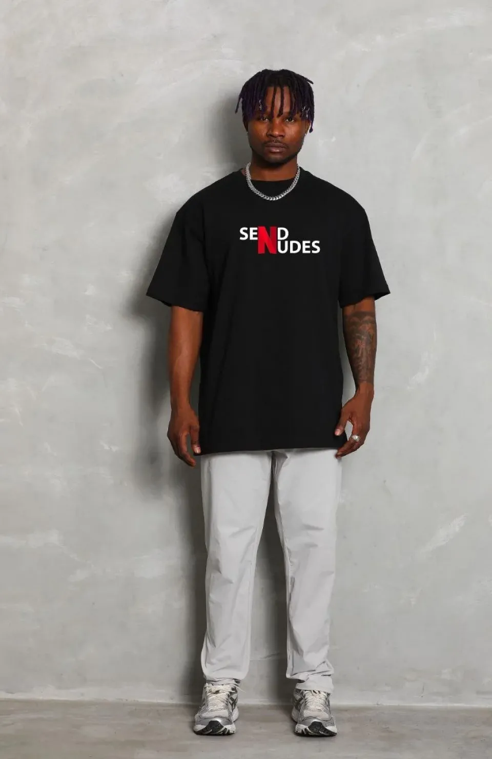 Unisex Bisiklet Yaka Double Oversize Baskılı T-Shirt - Siyah