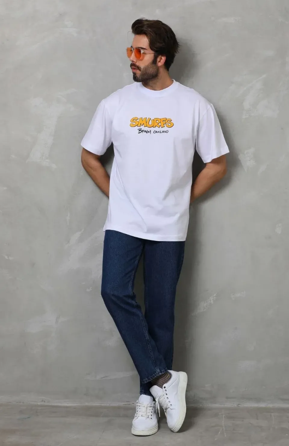 Unisex Bisiklet Yaka Baskılı Oversize T-Shirt - Beyaz