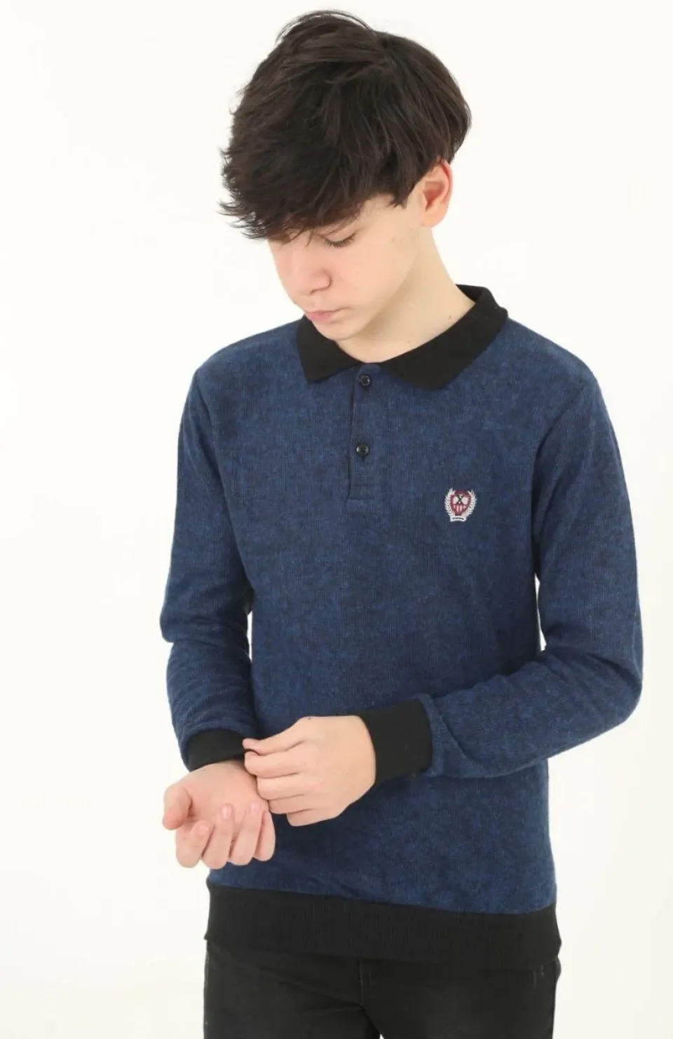 Çocuk Selanik Yaka Nakışlı Kazak - Lacivert