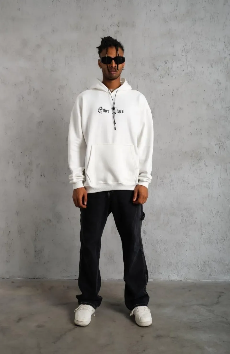 Erkek Kapşonlu Sweatshirt – Oversize Üç İplik Şardonlu Hoodie, “Other Lives” Ön & Arka Baskılı, Kanguru Cepli, Kışlık Rahat Günlük Stil - Beyaz