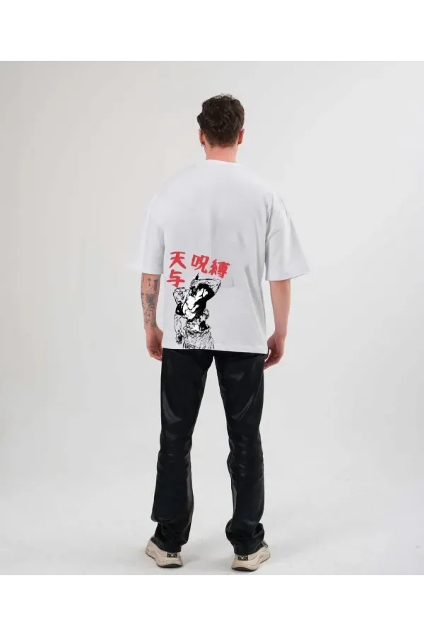 Unisex Bisiklet Yaka Baskılı Oversize T-Shirt - Beyaz