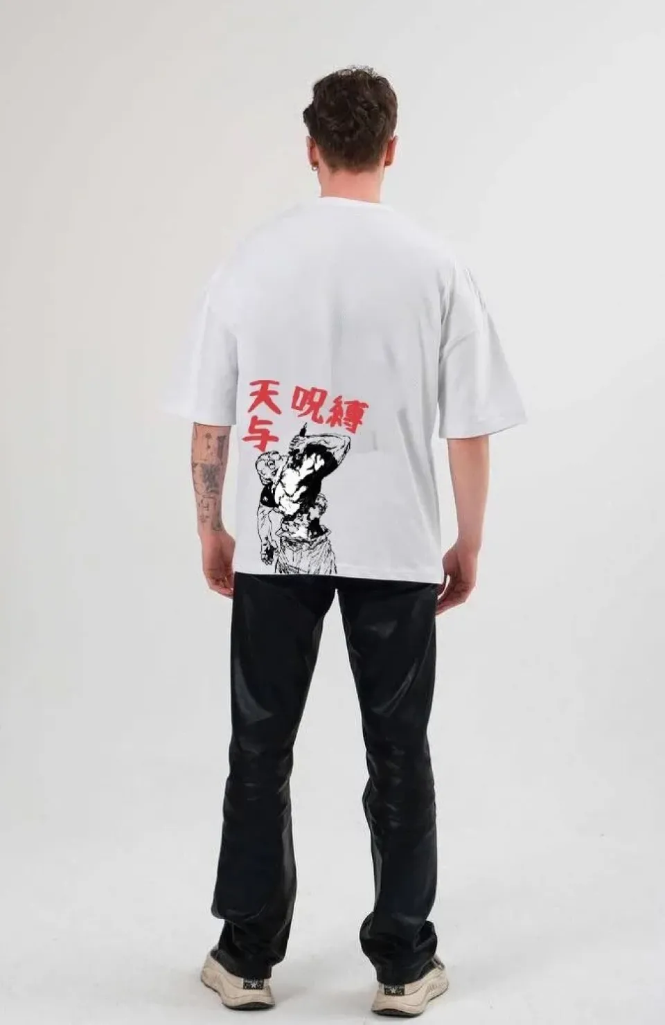 Unisex Bisiklet Yaka Baskılı Oversize T-Shirt - Beyaz