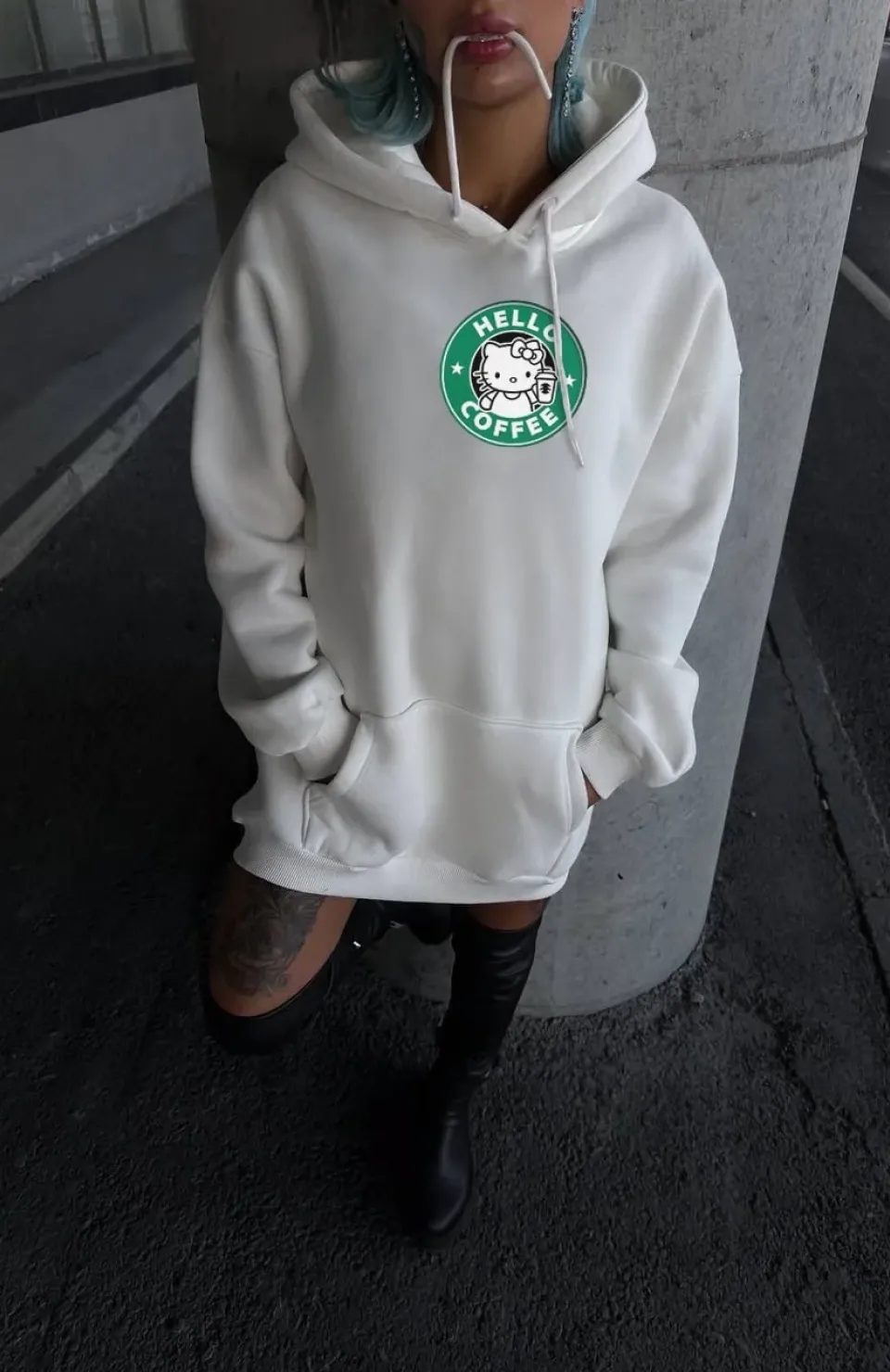 Üç İplik Penye Uzun Kol Kapüşonlu SweatShirt - Beyaz