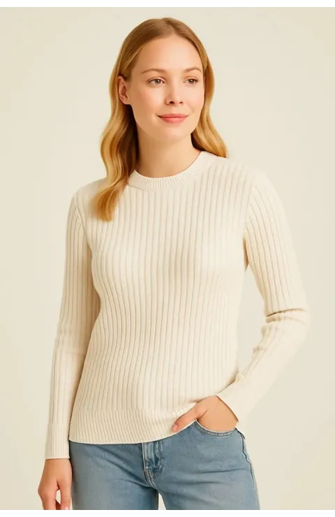 Kadın Bisiklet Yuvarlak Yaka Triko Kazak Pamuklu Kalın Fitilli Dokuma, Regular Fit Uzun Kollu Kışlık Model - Bej
