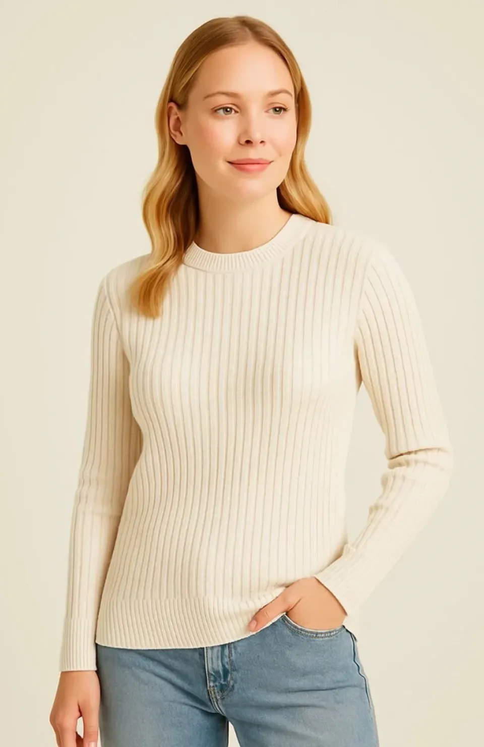Kadın Bisiklet Yuvarlak Yaka Triko Kazak Pamuklu Kalın Fitilli Dokuma, Regular Fit Uzun Kollu Kışlık Model - Bej