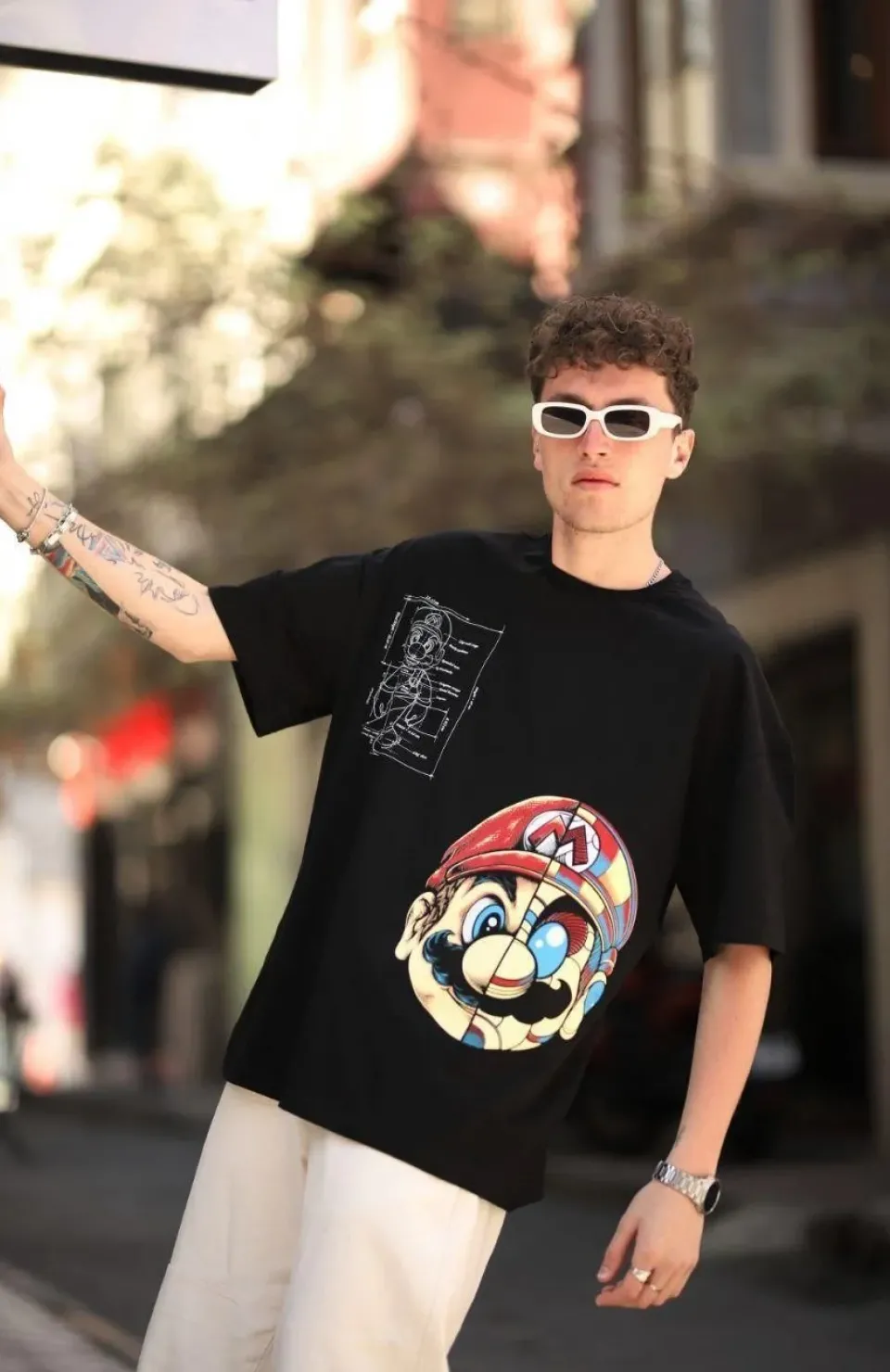 Erkek Mario Baskılı Oversize T-Shirt - Siyah
