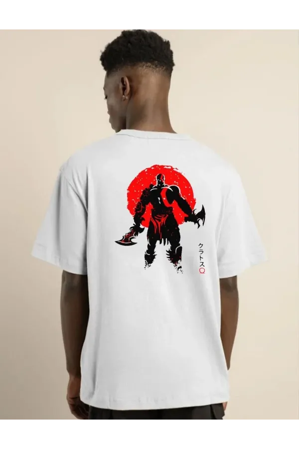 Unisex Bisiklet Yaka Baskılı Oversize T-Shirt - Beyaz