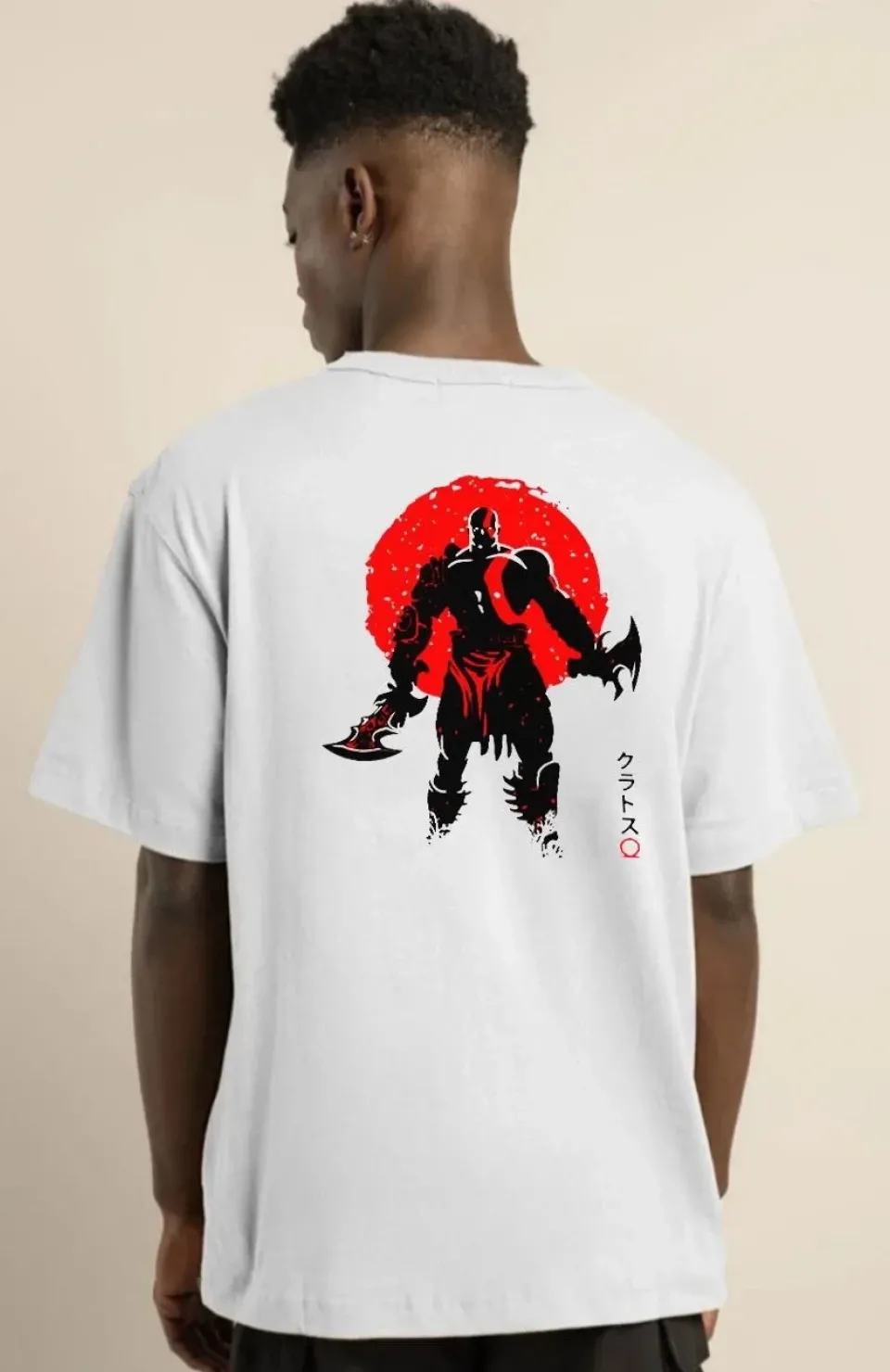 Unisex Bisiklet Yaka Baskılı Oversize T-Shirt - Beyaz