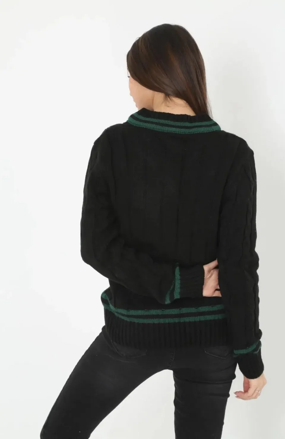 Kadın V Yaka Örgülü Kazak - Siyah