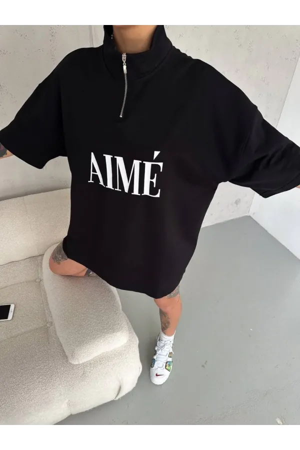 Unisex Yarım Fermuarlı Baskılı T-Shirt - Siyah