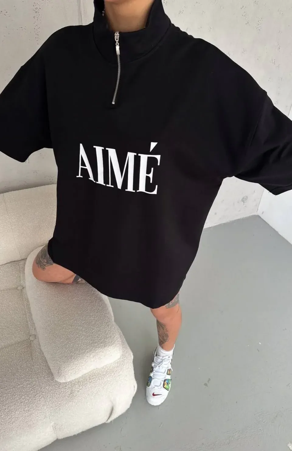 Unisex Yarım Fermuarlı Baskılı T-Shirt - Siyah