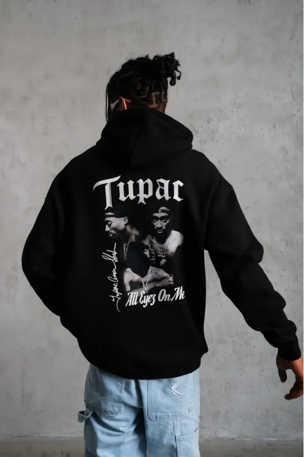 Erkek Oversize Üç İplik Kapüşonlu Sweat – Siyah Kol ve Etek Ribana Detaylı, Ön ve Sırt Baskılı, Kanguru Cepli Rahat Kalıp Model