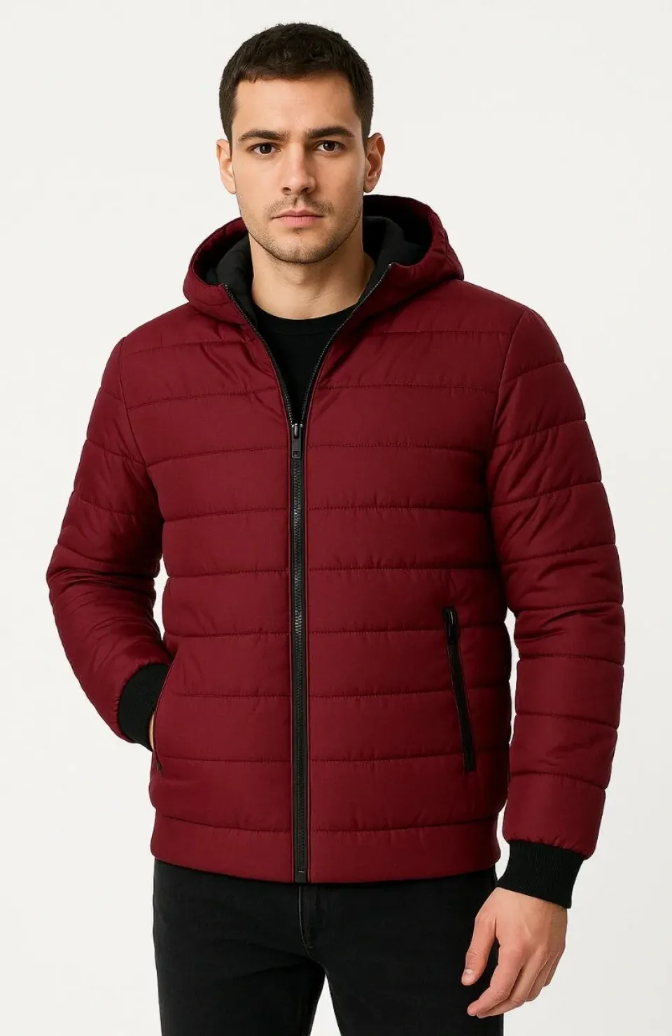 Erkek Şişme Kapüşonlu Fermuarlı Mont Su itici Kapitone Astarlı Kumaş Cepli Kışlık Rahat Kalıp - Bordo Somersan Giyim | Kadın, Erkek ve Çocuk Moda