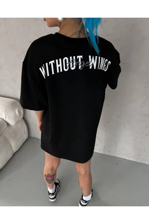 Unisex Bisiklet Yaka Baskılı Oversize T-Shirt - Siyah